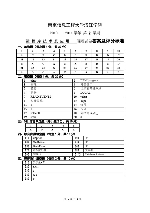 2010-2011(2)数据库技术及应用课程试卷A卷答案及评分标准