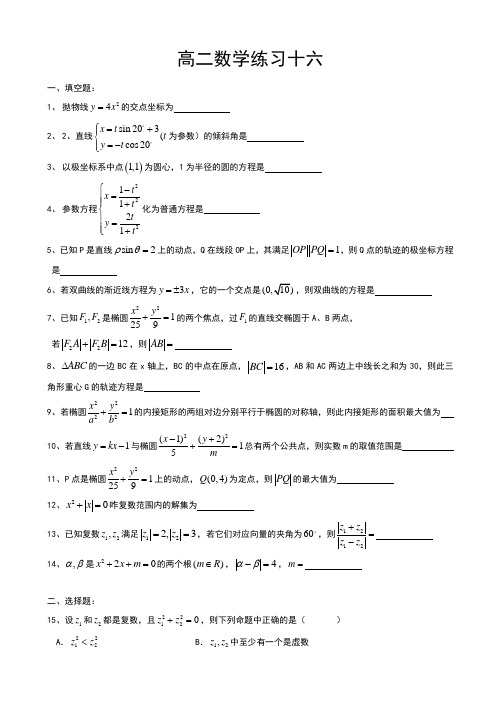 上海市上海中学2014-2015学年高二下学期数学练习(十六)试卷 Word版