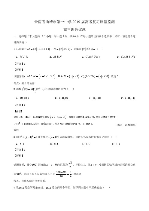 云南省曲靖市第一中学2019届高三高考复习质量监测理数试题 Word版含解析