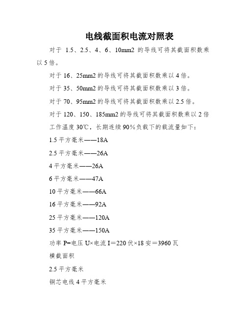 电线截面积电流对照表