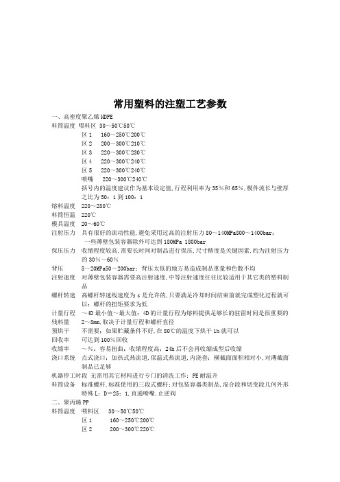 常用塑料的注塑工艺参数