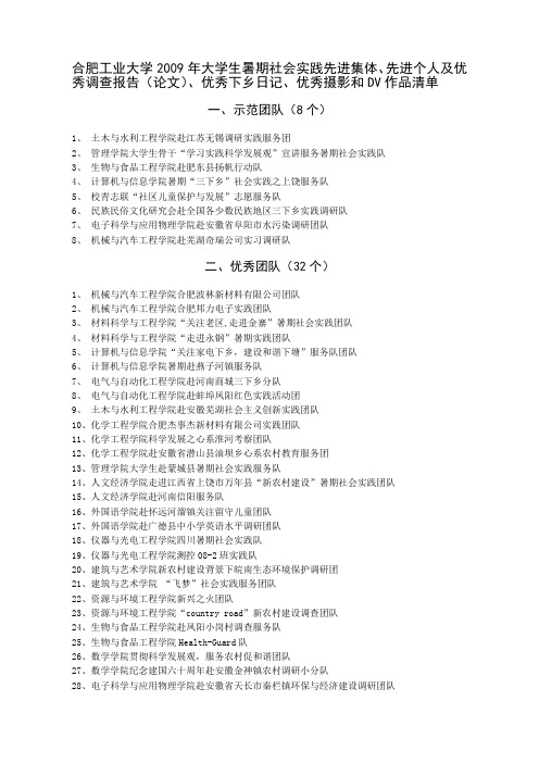 合肥工业大学2009年大学生暑期社会实践先进集体、先进个人及.