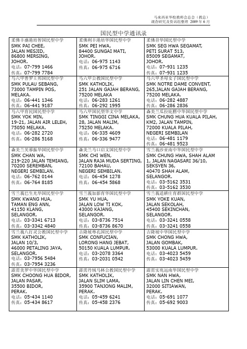 国民型中学通讯录