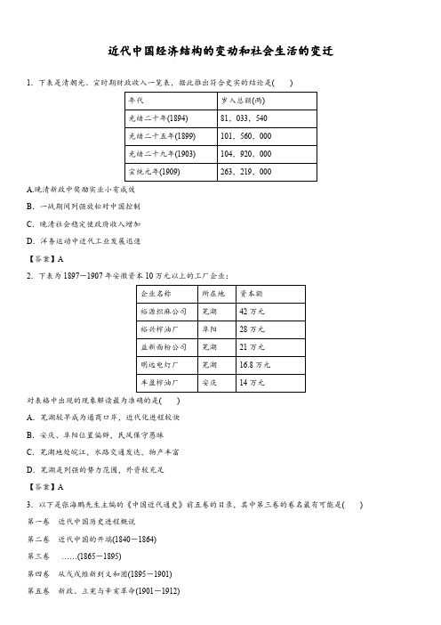 2017-2018学年高考历史二轮强化检测卷：近代中国经济结构的变动和社会生活的变迁