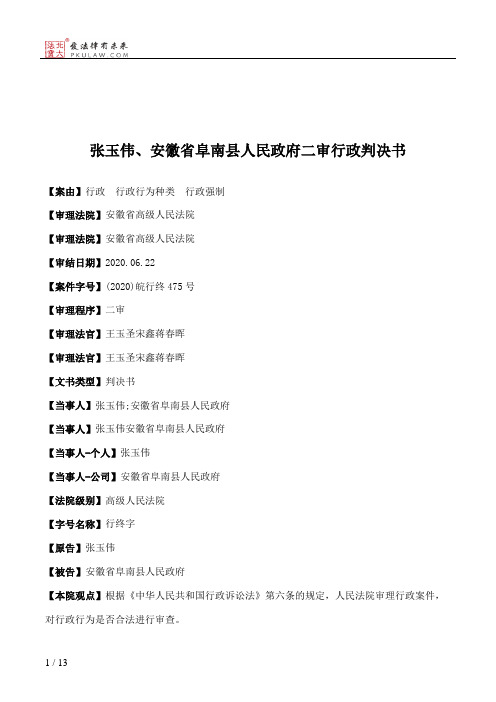 张玉伟、安徽省阜南县人民政府二审行政判决书