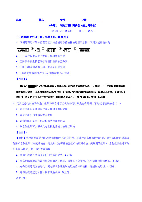 高二生物同步单元双基双测“AB”卷 (选修3)专题02 细胞工程(B卷) 