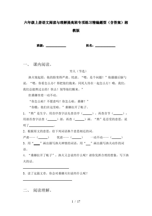 六年级上册语文阅读与理解提高班专项练习精编题型(含答案)湘教版