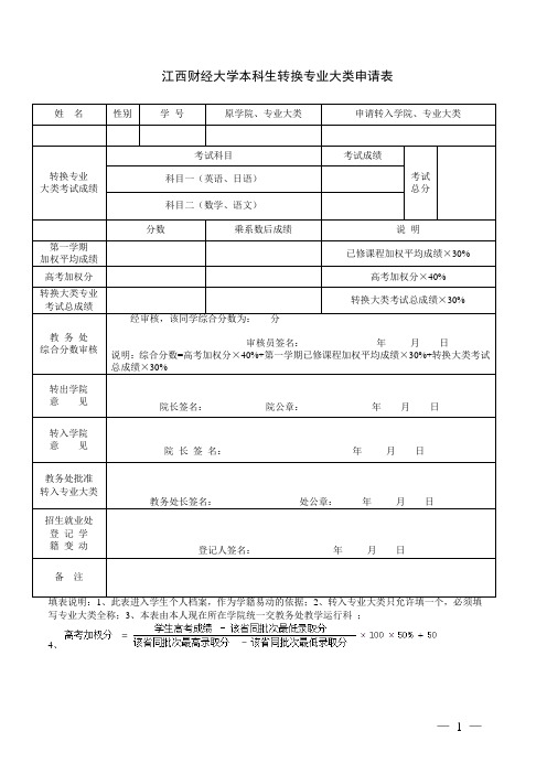 本科生转换专业大类申请表