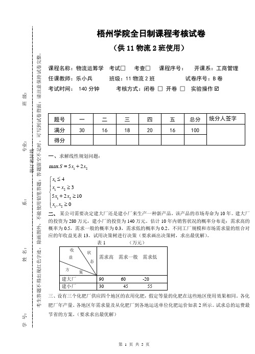 11物流运筹学上机考试试卷(物流2班)