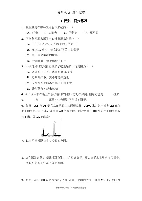 鲁教版初中数学九年级上册《投影》同步练习2