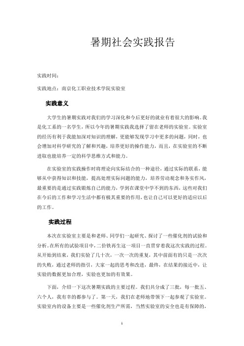 南京化工职业技术学院精细化学品生产技术专业化工操作实习报告1