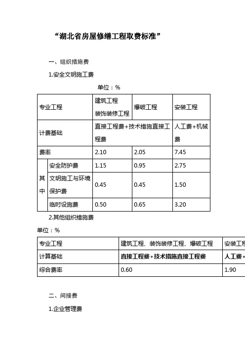 湖北省房屋修缮工程取费标准