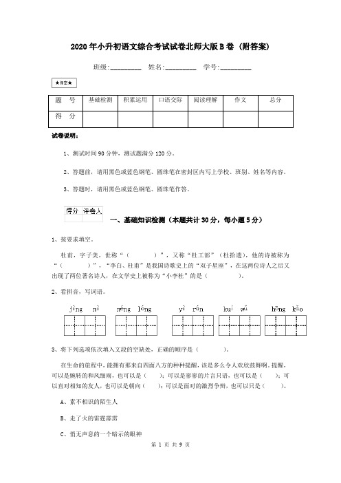 2020年小升初语文综合考试试卷北师大版B卷 (附答案)