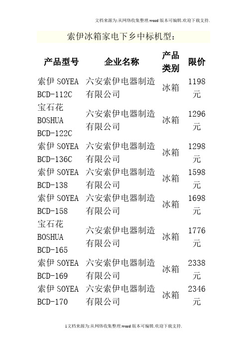 索伊冰箱家电下乡中标机型