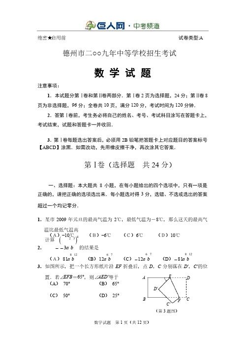 2009年山东省德州市中考数学试题及答案