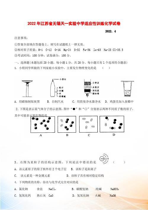 江苏省无锡天一实验中学2022年九年级化学适应性训练试卷