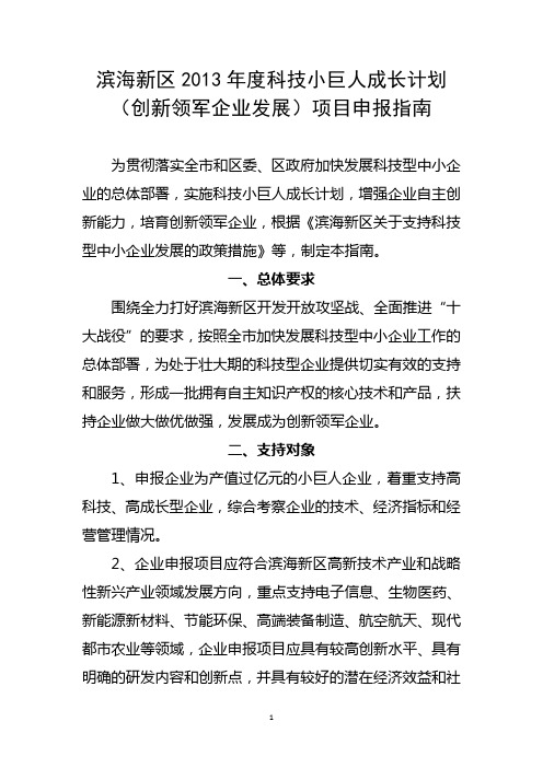 滨海新区2013年度科技小巨人成长计划