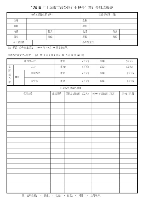 2018年上海市市政公路行业报告统计资料填报表