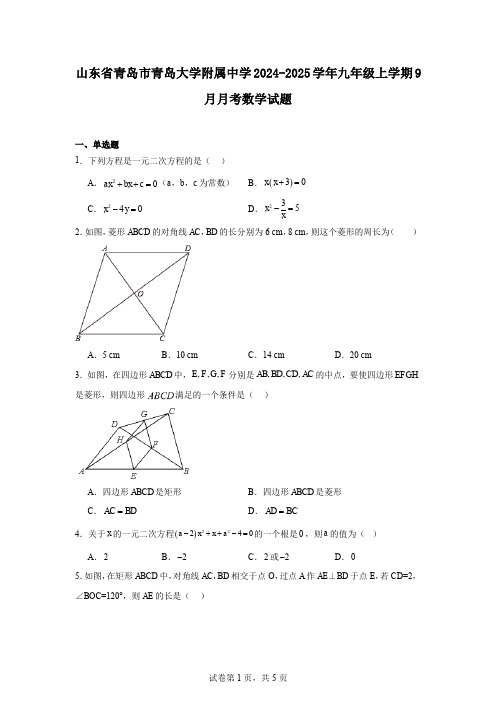 山东省青岛市青岛大学附属中学2024-2025学年九年级上学期9月月考数学试题