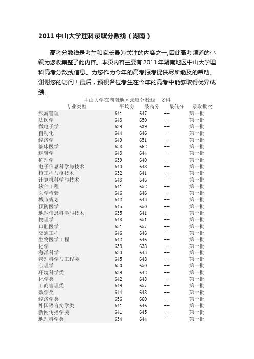 2011中山大学理科录取分数线（湖南）