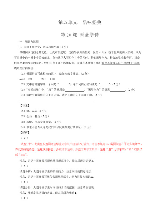 九年级语文上册 专题20 香菱学诗(练)(基础版,教师版)(新版)新人教版