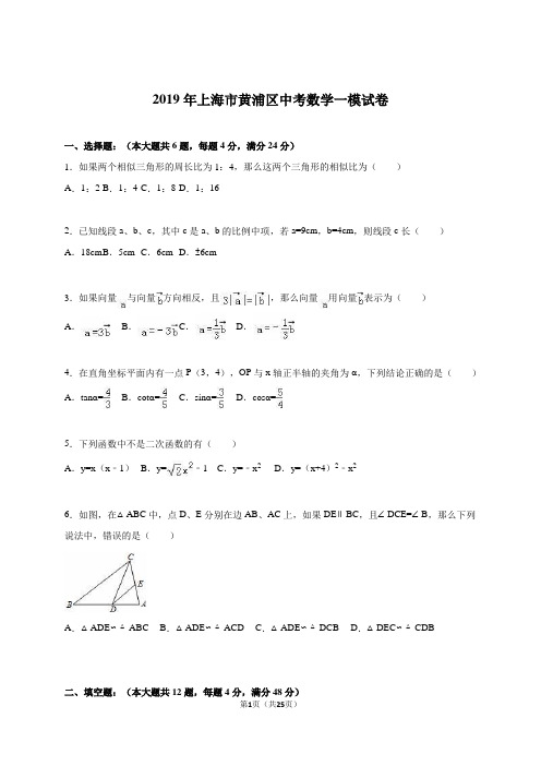 上海市黄浦区2019年中考数学一模试卷含答案解析