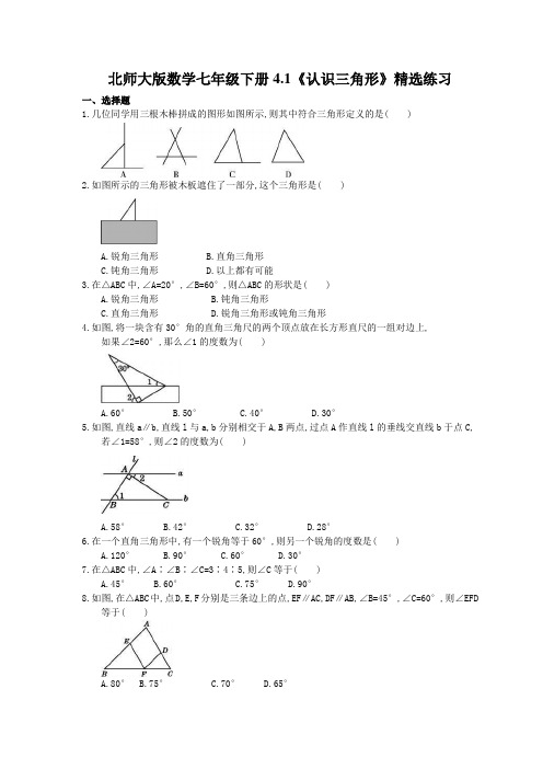 北师大版数学七年级下册4.1《认识三角形》精选练习(含答案)