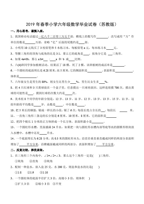 2019年小学六年级小升初数学毕业模拟试卷附参考答案