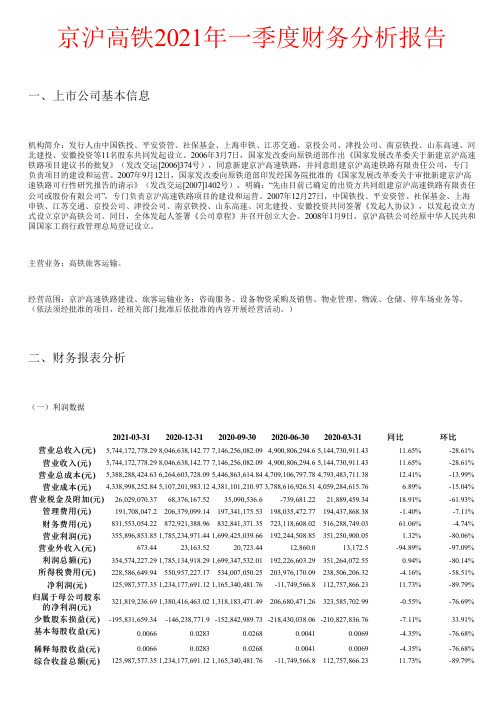 京沪高铁2021年一季度财务分析报告