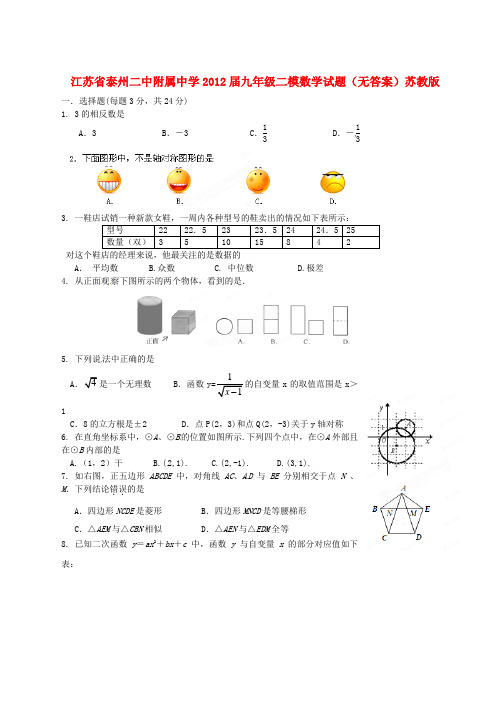 江苏省泰州市九年级数学二模试题(无答案) 苏教版