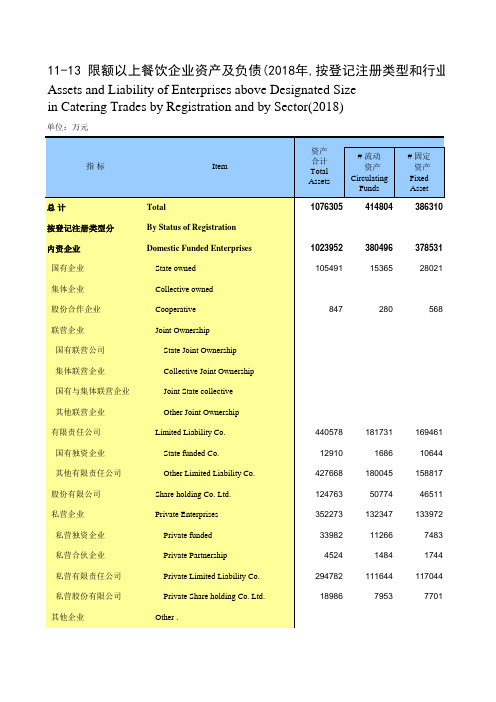 内蒙古统计年鉴社会经济发展指标数据：11-13 限额以上餐饮企业资产及负债(2018年,按登记注册类型和行业分)