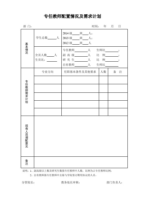 专任教师配置情况及需求计划