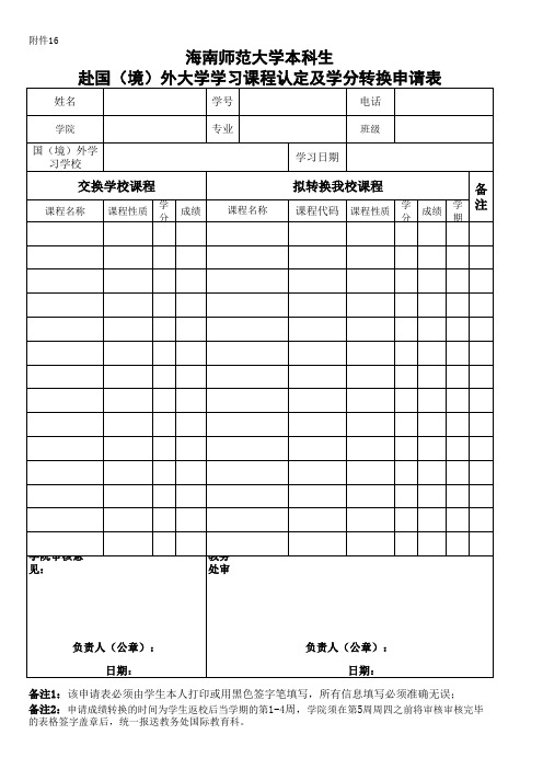 海南师范大学本科生赴国(境)外大学学习课程认定及学分转换申请表