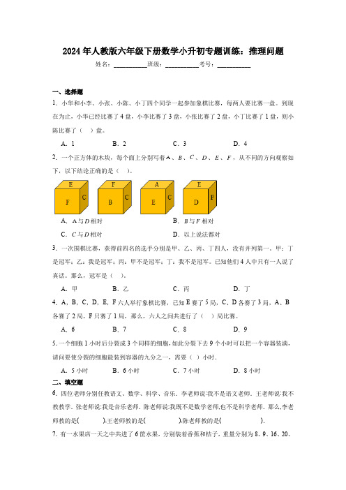 2024年人教版六年级下册数学小升初专题训练：推理问题