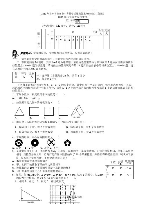 2010年山东省青岛市中考数学试题及答案(word版)   甄选