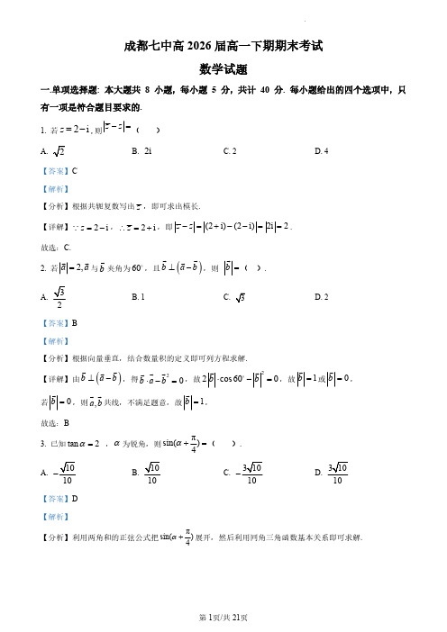 四川省成都市第七中学2023-2024学年高一下学期期末考试数学试卷(解析版)