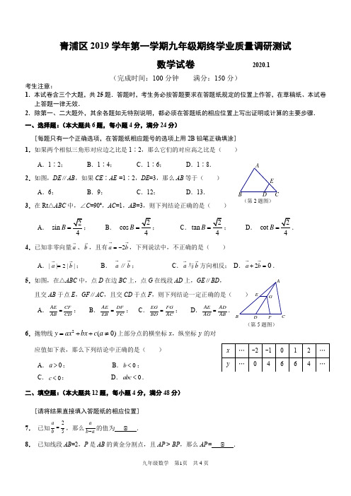 青浦区2019学年初三一模数学试卷含答案