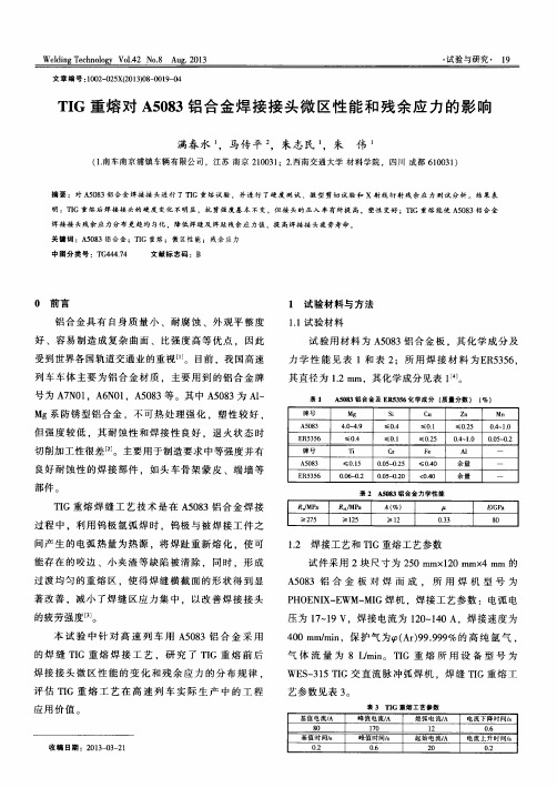 TIG重熔对A5083铝合金焊接接头微区性能和残余应力的影响