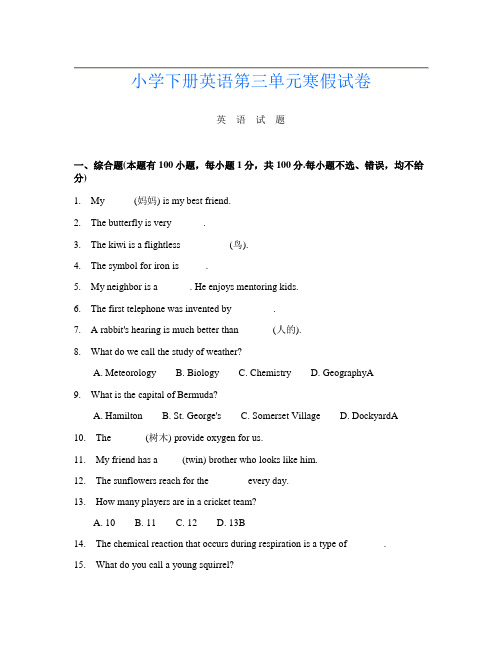 小学下册I卷英语第三单元寒假试卷