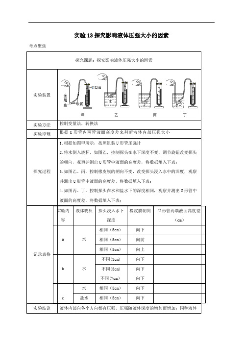 中考物理必考实验精解精练专题实验13探究影响液体压强大小的因素含解析