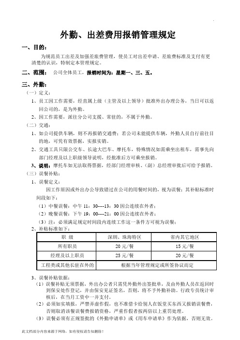 外勤、出差费用报销管理规定