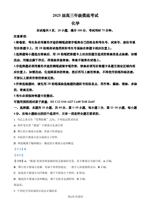 广东省深圳中学2025届高三上学期摸底考试(一模)化学试题(解析版)