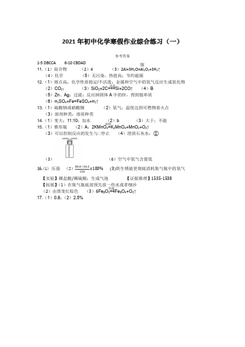 2021年初中化学寒假作业综合练习(一)参考答案