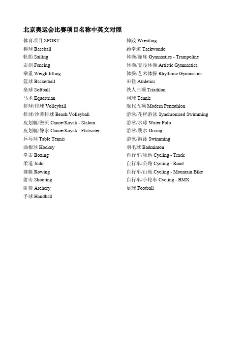 北京奥运会比赛项目名称中英文对照
