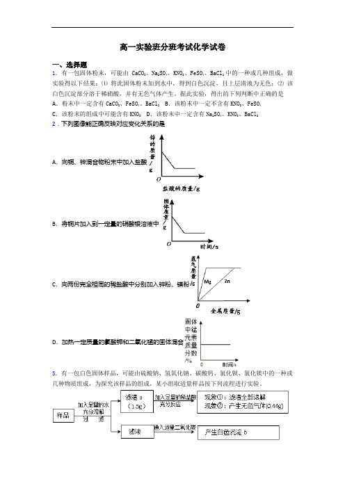 高一实验班分班考试化学试卷