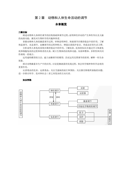 人教课标版高中生物必修3第2章《动物和人体生命活动的调节》本章概览