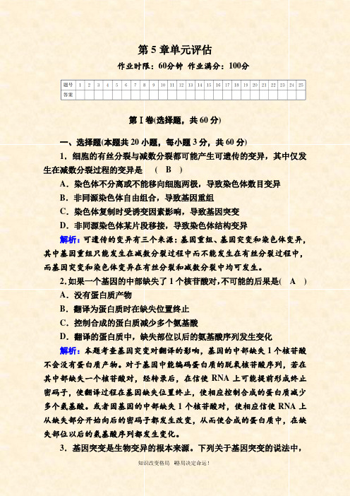 人教版生物必修课后检测:第章 基因突变及其他变异 单元评估