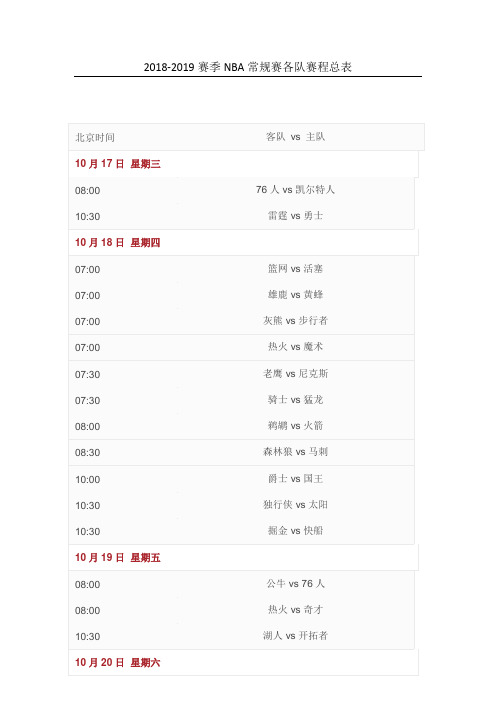 2018-2019赛季NBA赛程总表