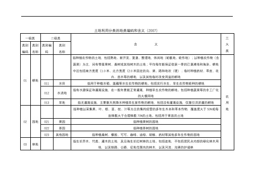 土地利用分类的地类编码和含义(2007)