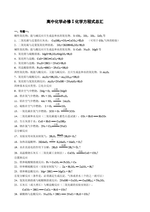 苏教版高中化学必修化学方程式大全